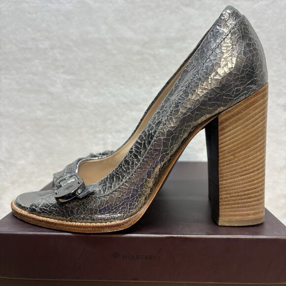Mulberry Bayswater Peep Toe Cracked Metallic Silver Block Heel Pump EU Size 38.5 - Picture 4 of 16